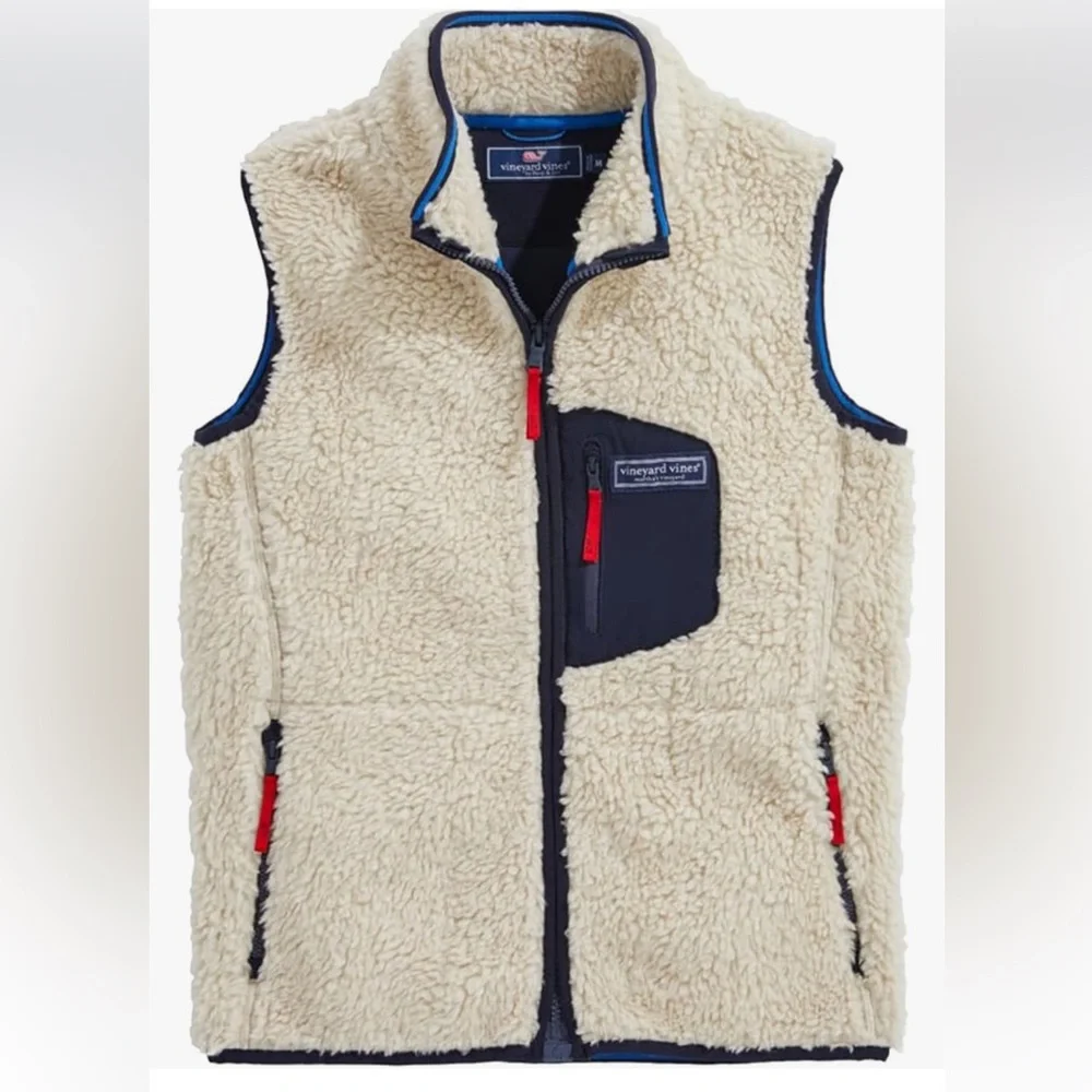 Vineyard Vines Cream Sherpa Vest with Navy Trim